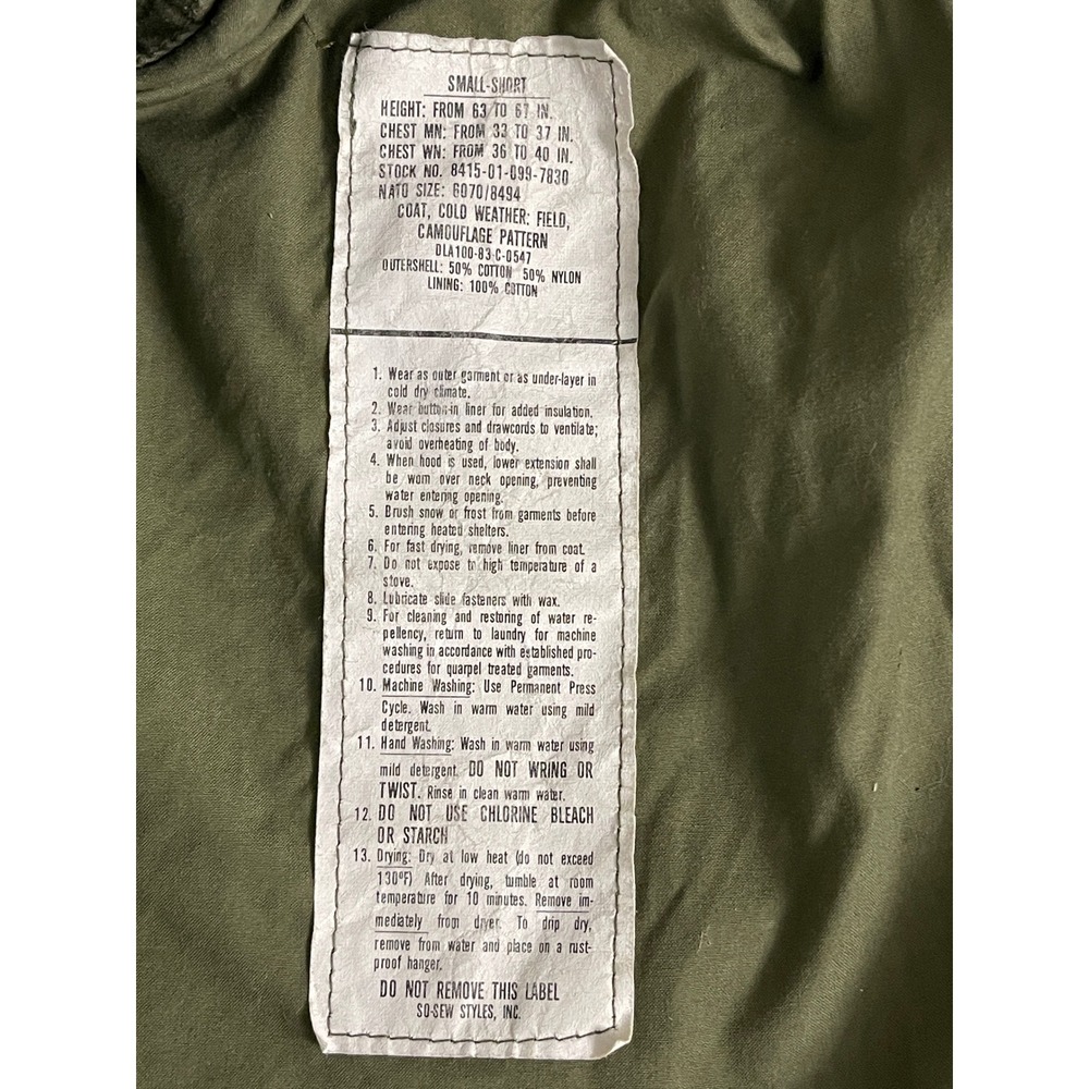 Vintage US Military M65 Jacket Woodland Camo Small Short 1983 So-Sew Styles - Picture 10 of 10
